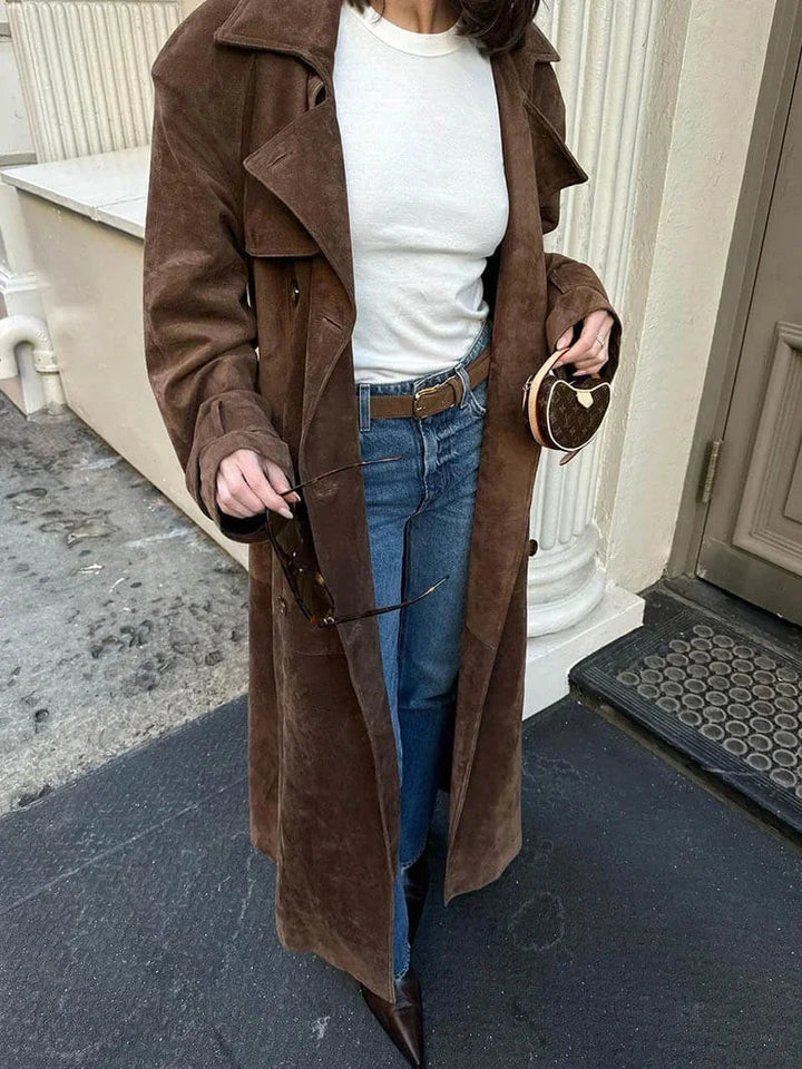 Women's Belted Suede Trench Coat with Notch Lapel and Tie Waist