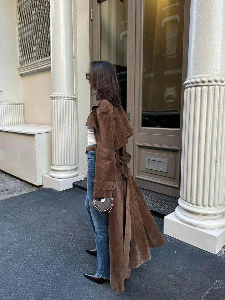 Women's Belted Suede Trench Coat with Notch Lapel and Tie Waist