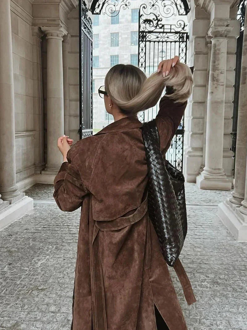 Women's Belted Suede Trench Coat with Notch Lapel and Tie Waist