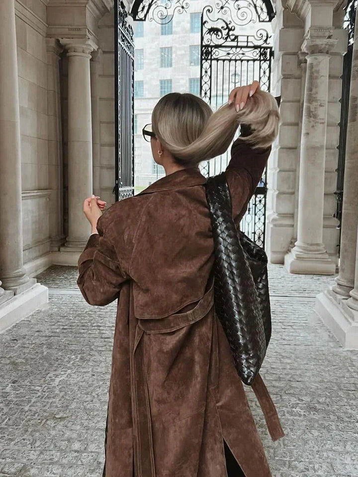 Women's Belted Suede Trench Coat with Notch Lapel and Tie Waist
