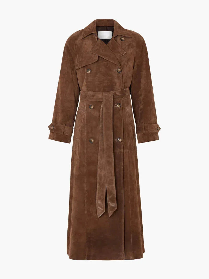 Women's Belted Suede Trench Coat with Notch Lapel and Tie Waist