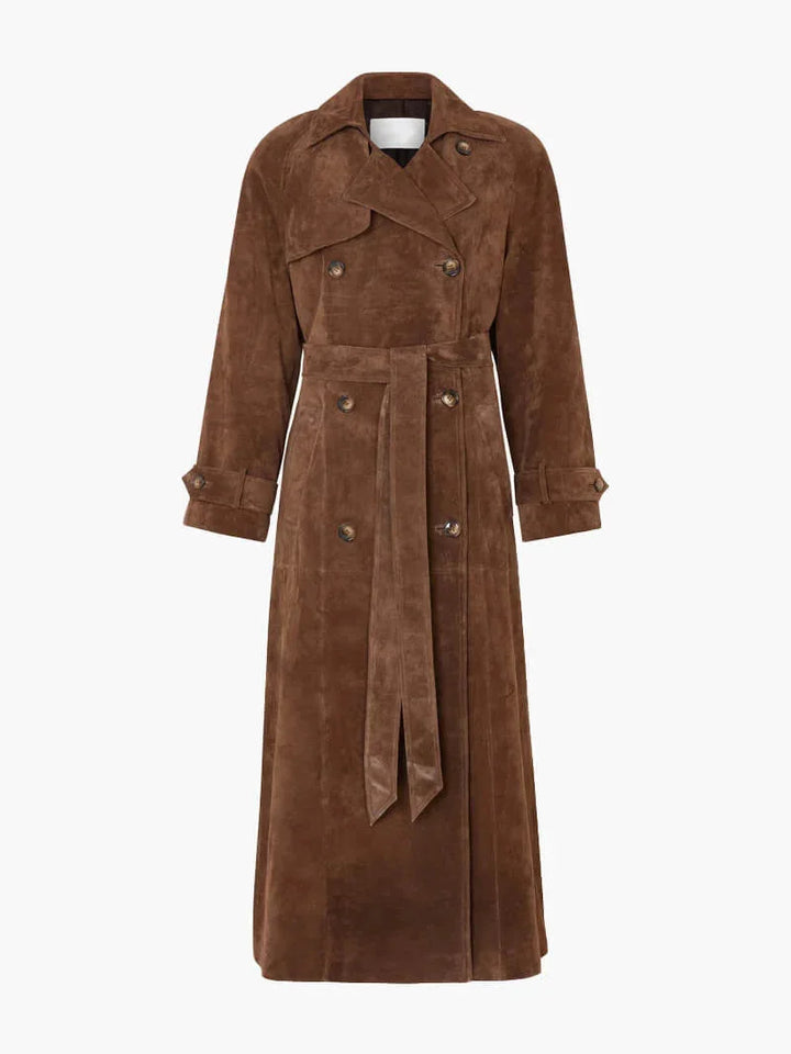 Women's Belted Suede Trench Coat with Notch Lapel and Tie Waist