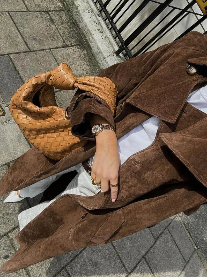 Women's Belted Suede Trench Coat with Notch Lapel and Tie Waist