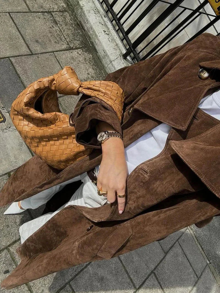 Women's Belted Suede Trench Coat with Notch Lapel and Tie Waist