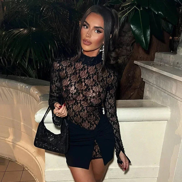Women's Party Mini Dress with Lace Bodice and High Neck