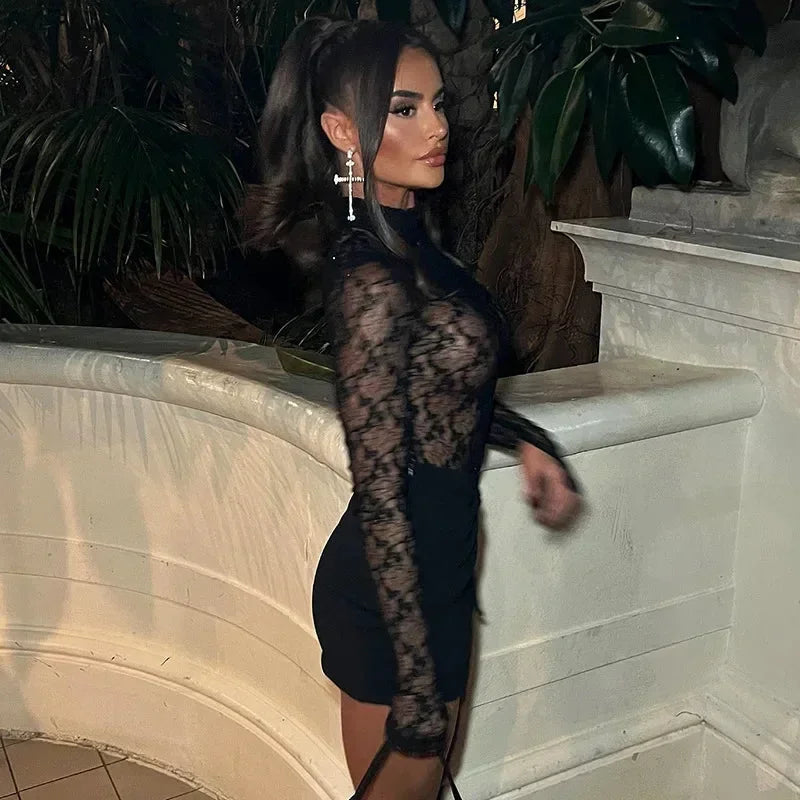 Women's Party Mini Dress with Lace Bodice and High Neck