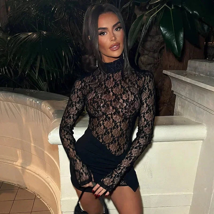 Women's Party Mini Dress with Lace Bodice and High Neck