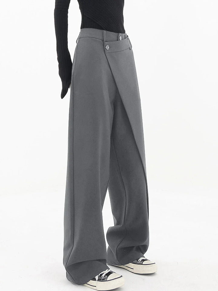 Women's Wide Leg Trousers with Asymmetric Button Waist