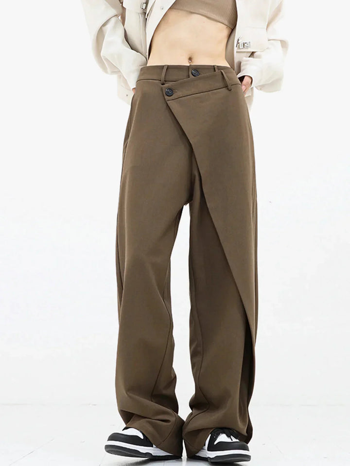 Women's Wide Leg Trousers with Asymmetric Button Waist
