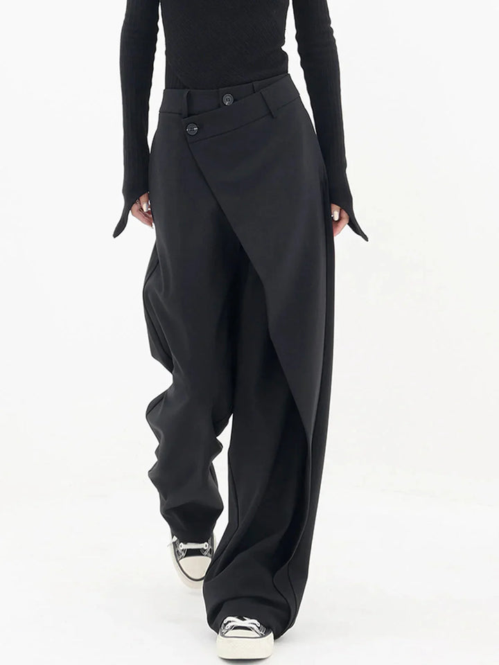 Women's Wide Leg Trousers with Asymmetric Button Waist