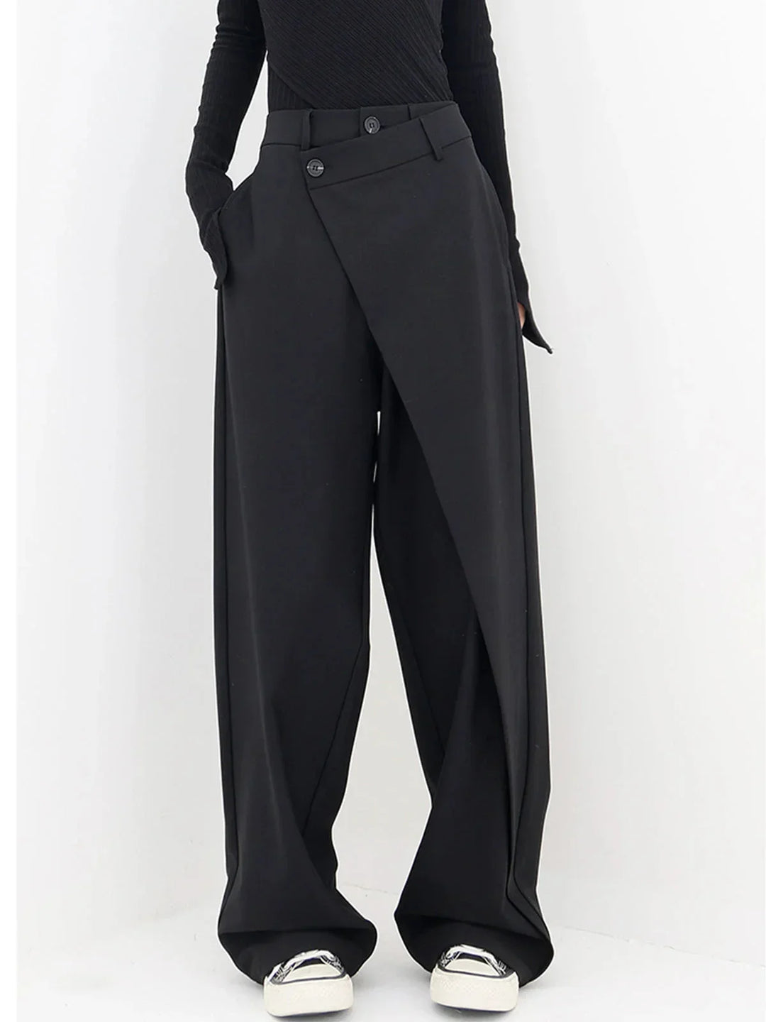 Women's Wide Leg Trousers with Asymmetric Button Waist