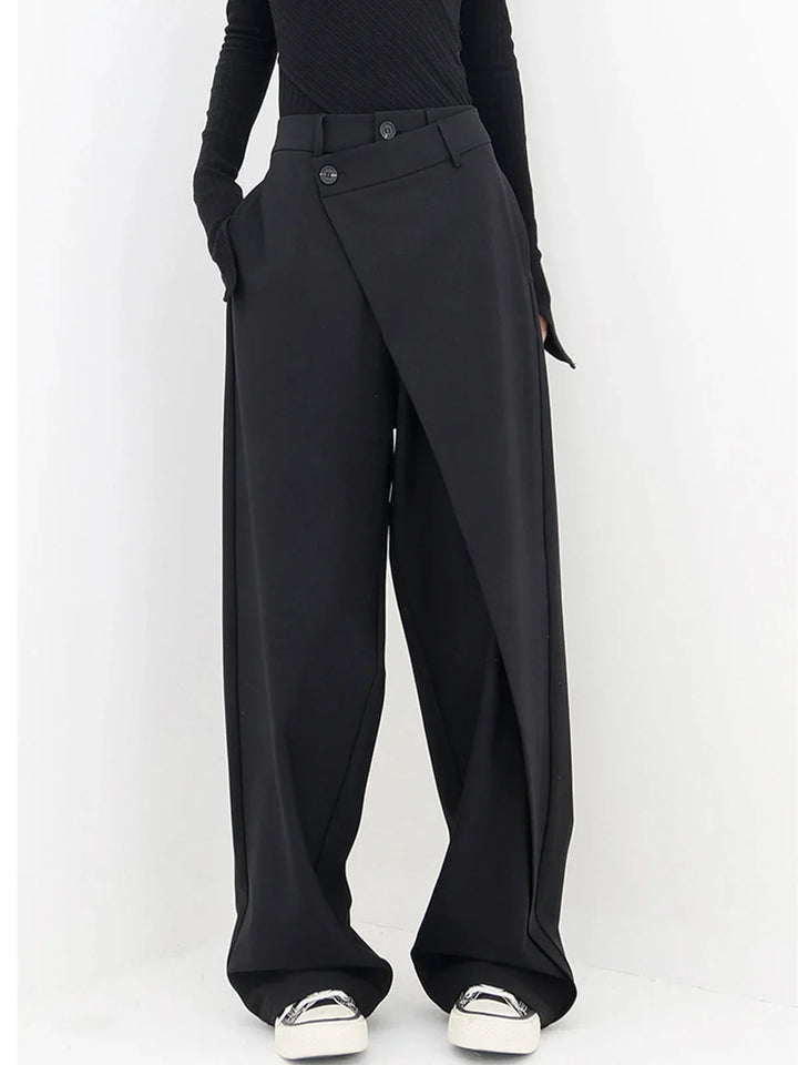 Women's Wide Leg Trousers with Asymmetric Button Waist