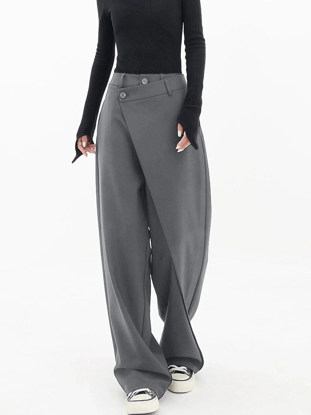 Women's Wide Leg Trousers with Asymmetric Button Waist