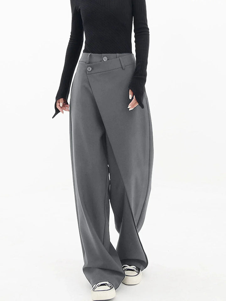 Women's Wide Leg Trousers with Asymmetric Button Waist