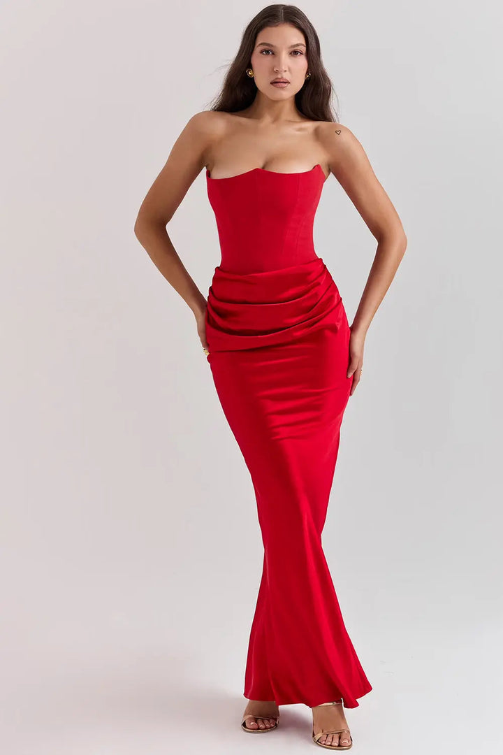 Women's Strapless Maxi Dress with Draped Neckline and Ruched Detail