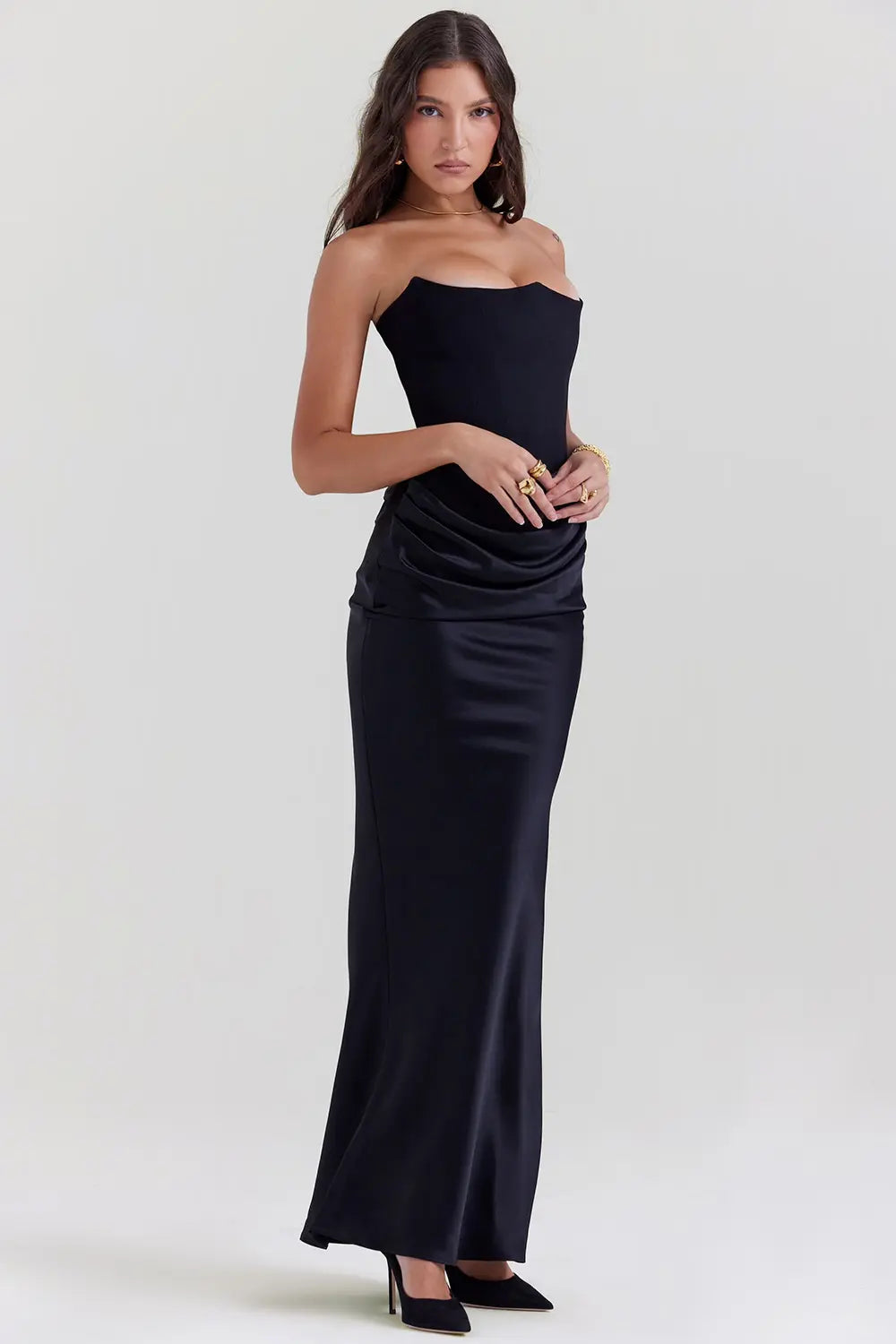 Women's Strapless Maxi Dress with Draped Neckline and Ruched Detail