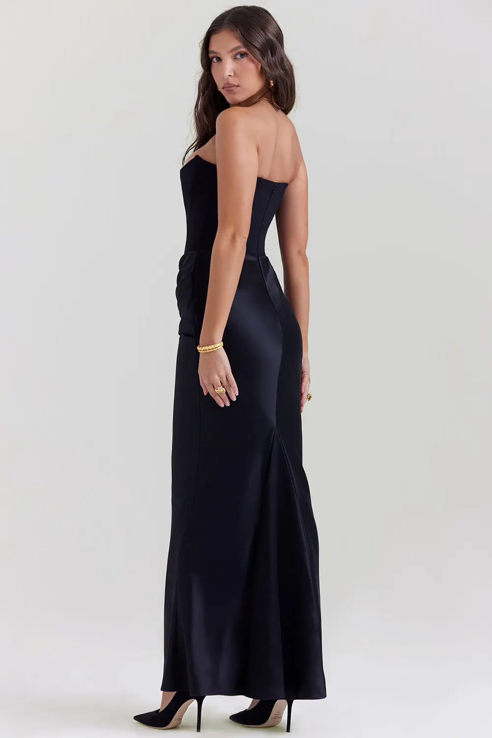 Women's Strapless Maxi Dress with Draped Neckline and Ruched Detail
