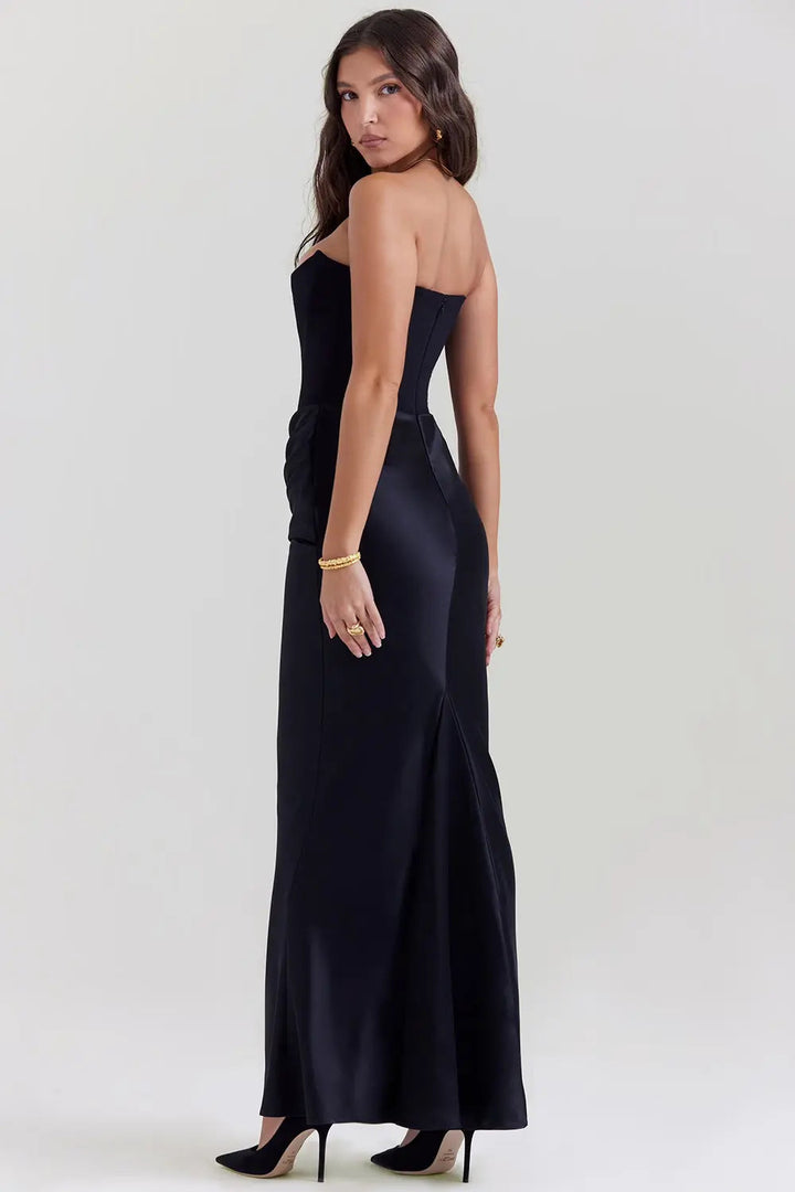 Women's Strapless Maxi Dress with Draped Neckline and Ruched Detail