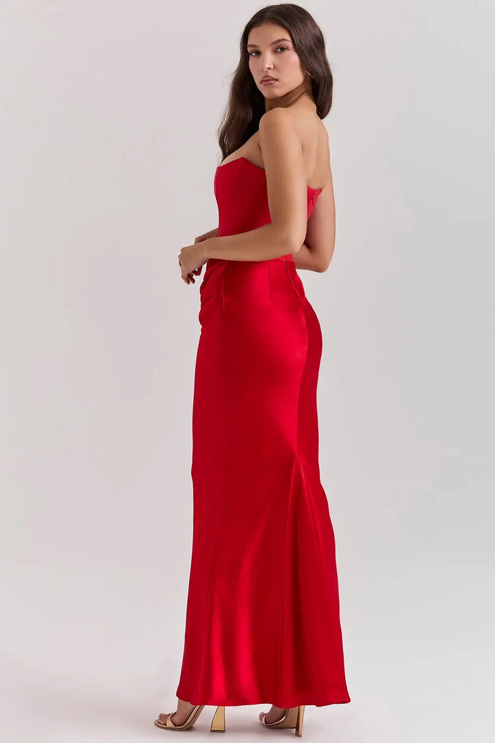 Women's Strapless Maxi Dress with Draped Neckline and Ruched Detail