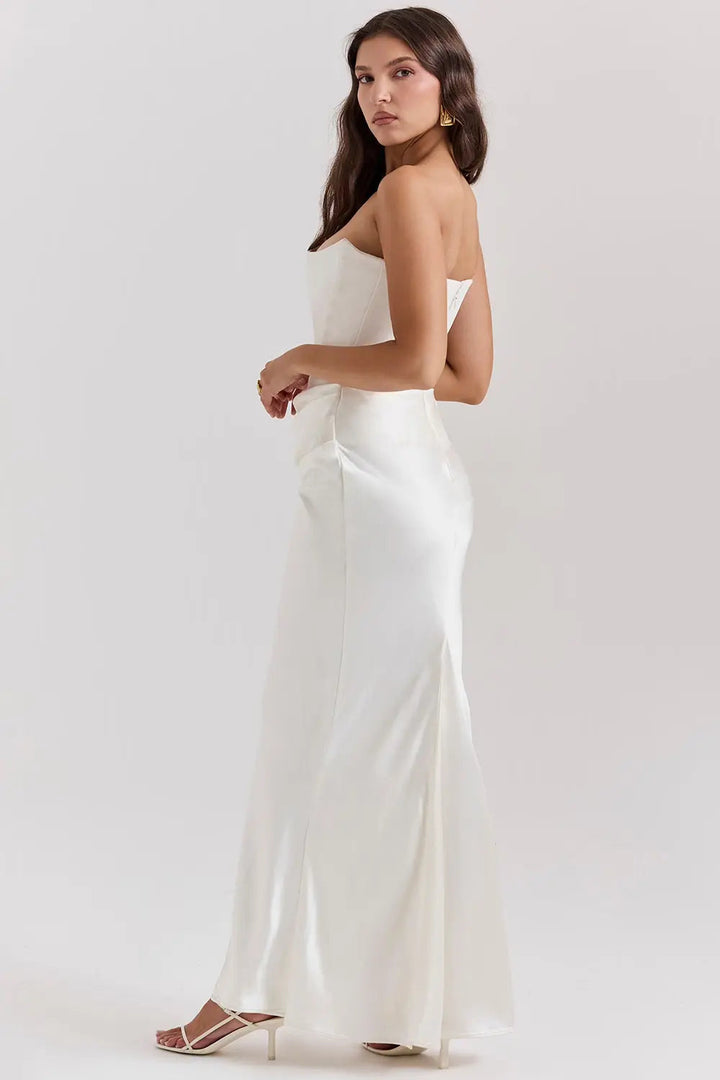 Women's Strapless Maxi Dress with Draped Neckline and Ruched Detail