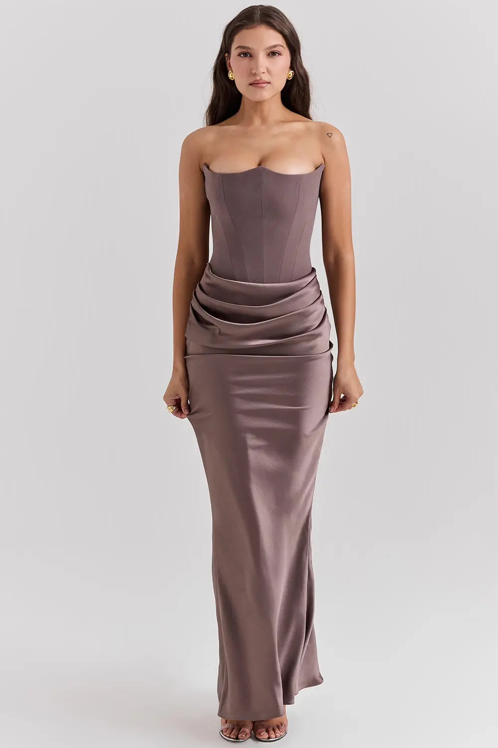 Women's Strapless Maxi Dress with Draped Neckline and Ruched Detail