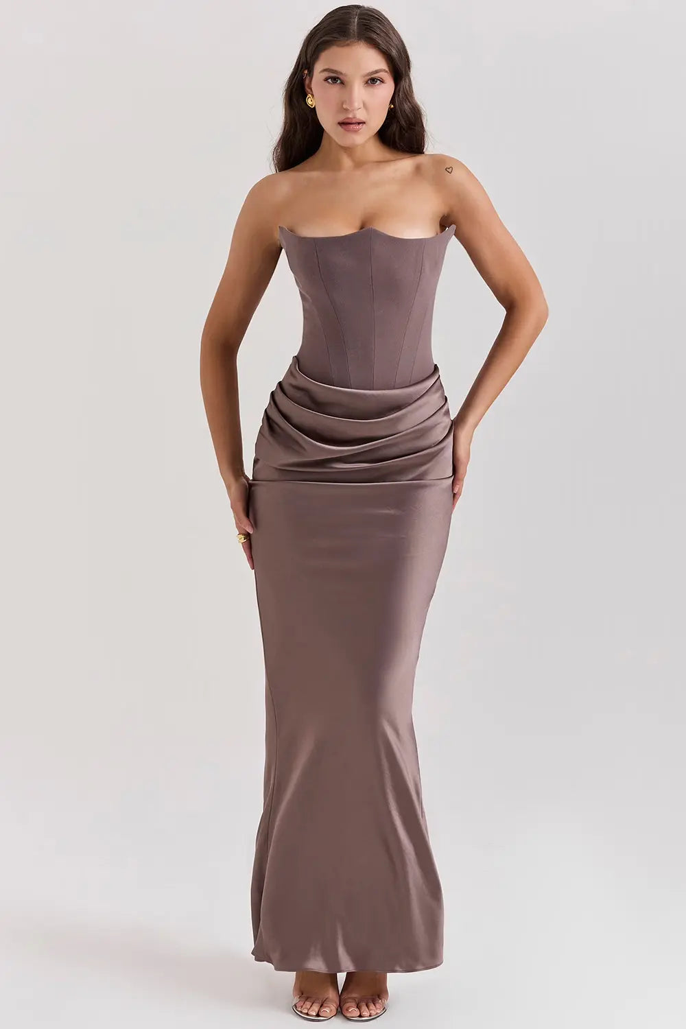 Women's Strapless Maxi Dress with Draped Neckline and Ruched Detail