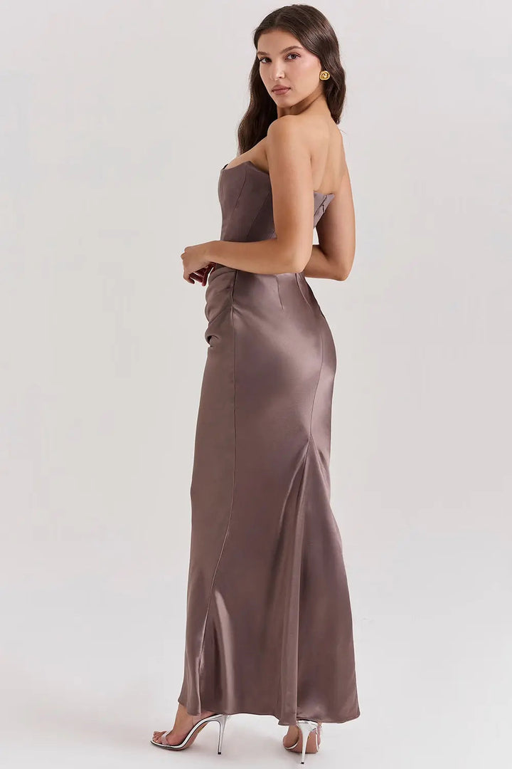 Women's Strapless Maxi Dress with Draped Neckline and Ruched Detail