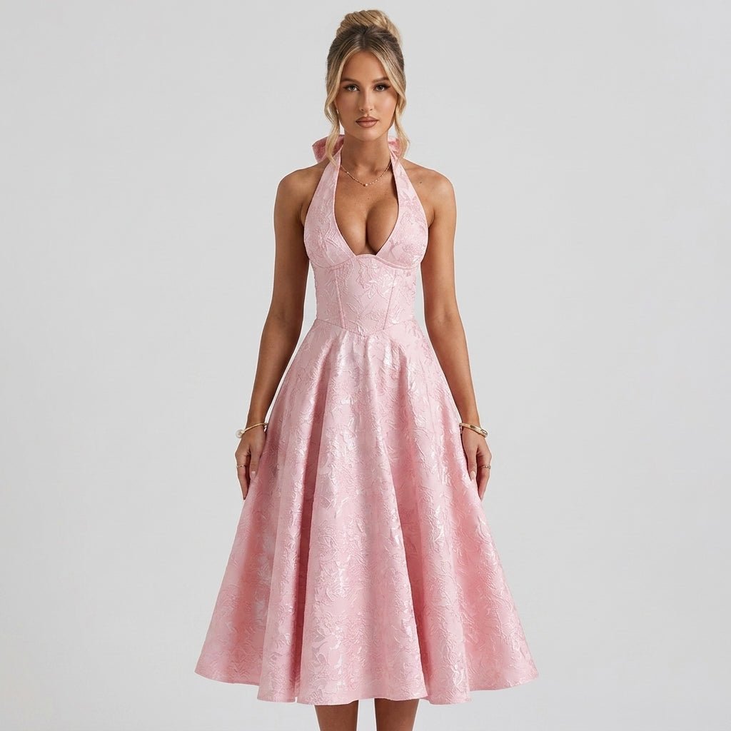 Women's Wedding Guest Halter Midi Dress with A-Line Skirt