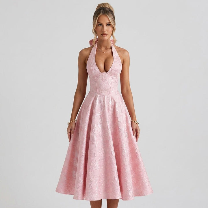 Women's Wedding Guest Halter Midi Dress with A-Line Skirt