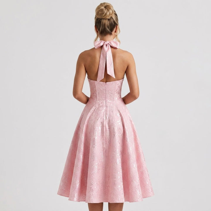Women's Wedding Guest Halter Midi Dress with A-Line Skirt
