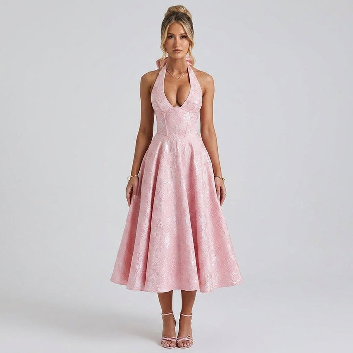 Women's Wedding Guest Halter Midi Dress with A-Line Skirt