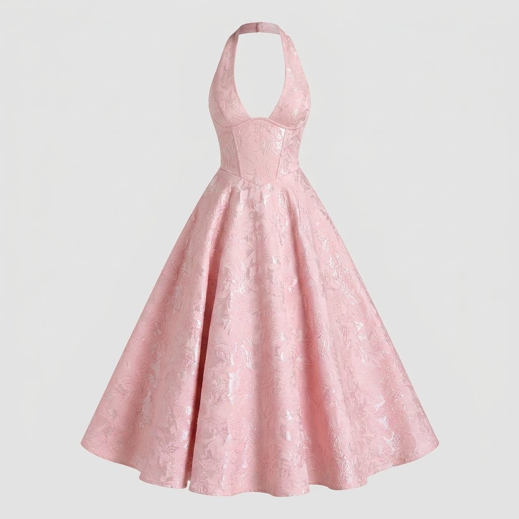 Women's Wedding Guest Halter Midi Dress with A-Line Skirt