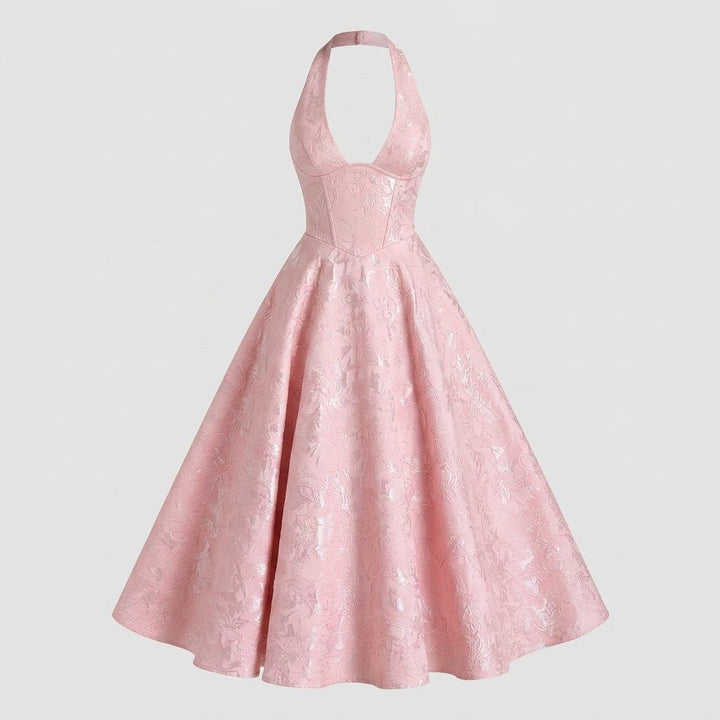 Women's Wedding Guest Halter Midi Dress with A-Line Skirt