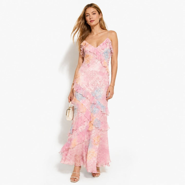 Women's Wedding Guest Floral Maxi Dress with Tiered Ruffle Skirt
