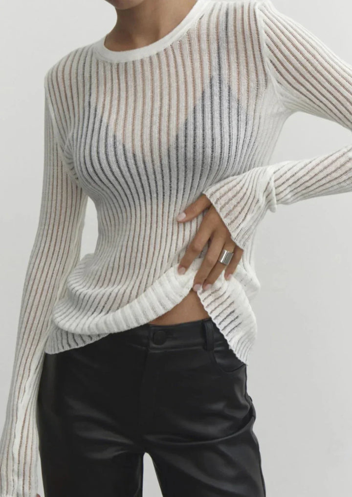 Women's Ribbed Knit Jumper with Long Sleeves and Sheer Detail