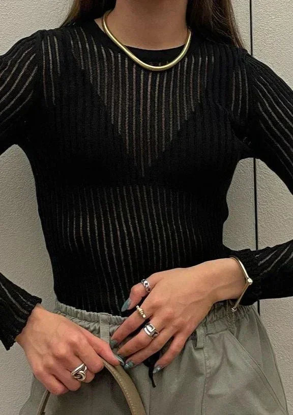 Women's Ribbed Knit Jumper with Long Sleeves and Sheer Detail