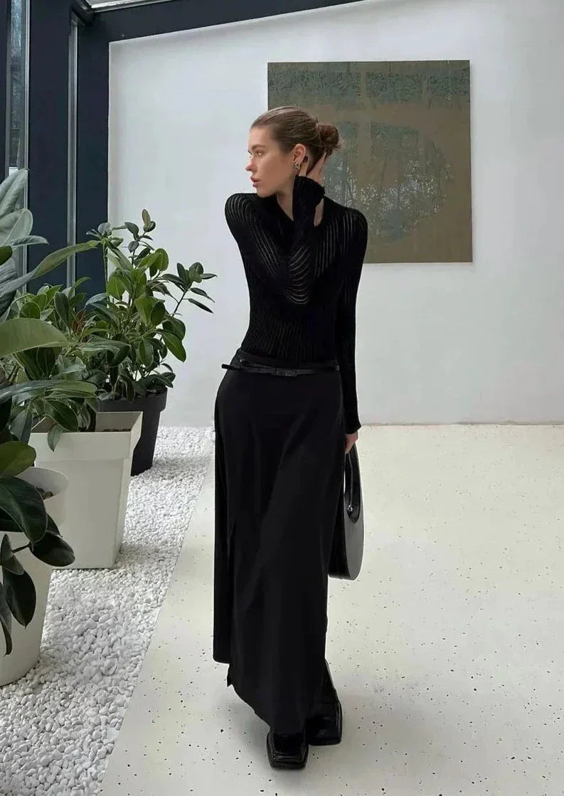Women's Ribbed Knit Jumper with Long Sleeves and Sheer Detail