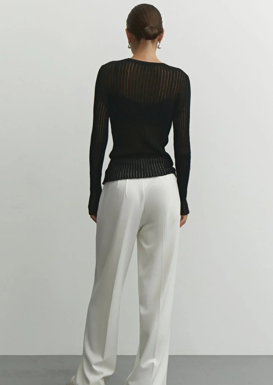 Women's Ribbed Knit Jumper with Long Sleeves and Sheer Detail