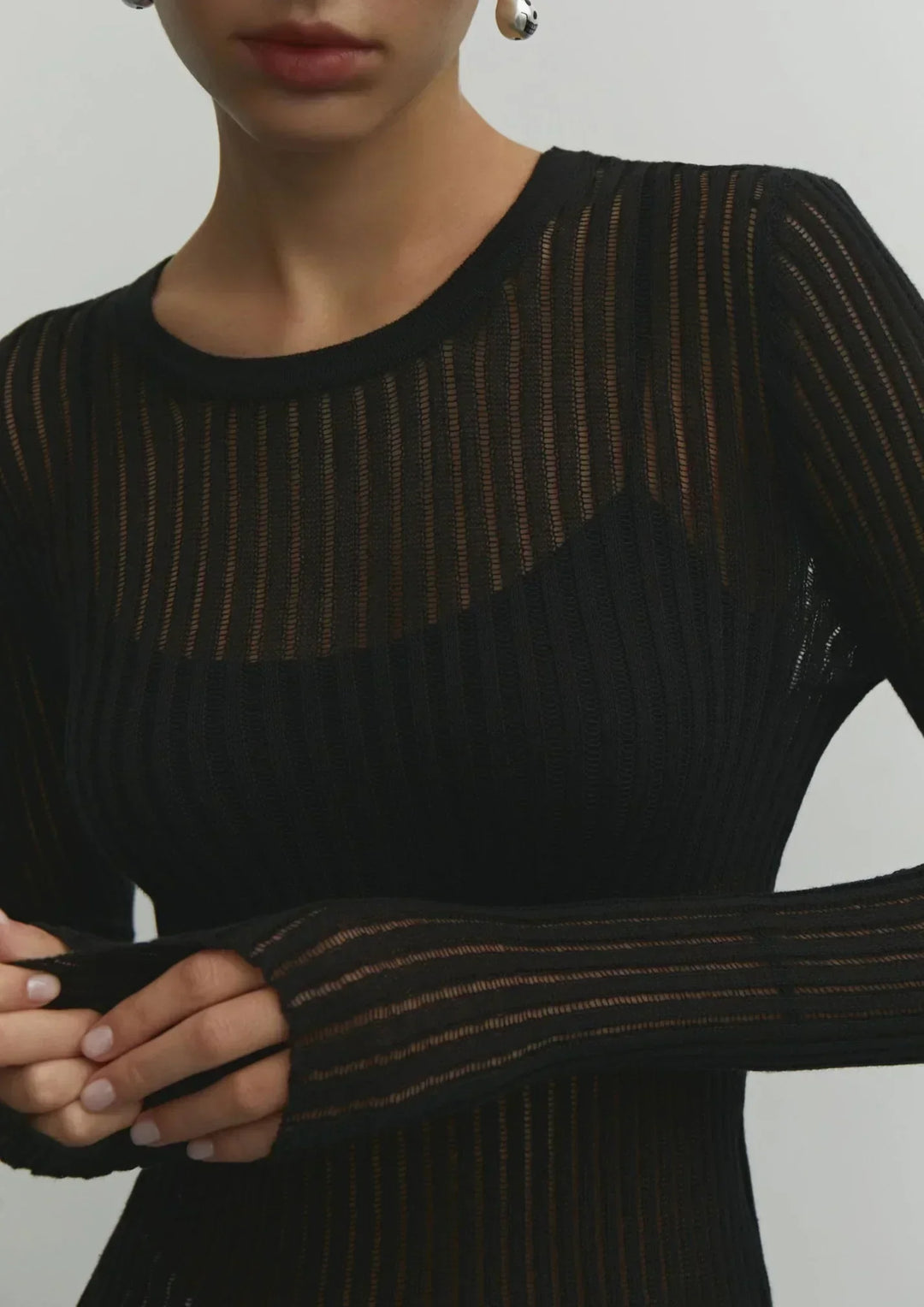 Women's Ribbed Knit Jumper with Long Sleeves and Sheer Detail