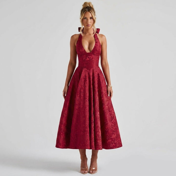 Women's Wedding Guest Halter Midi Dress with A-Line Skirt
