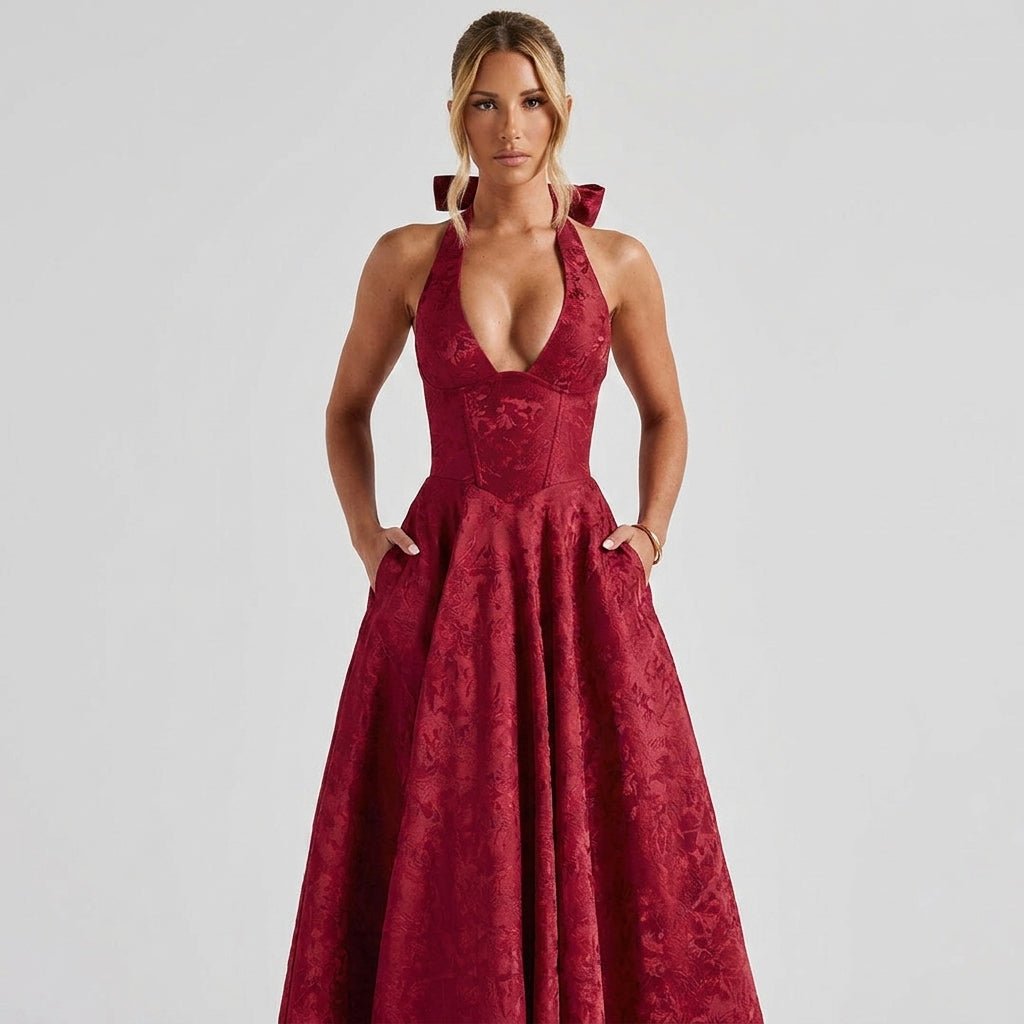 Women's Wedding Guest Halter Midi Dress with A-Line Skirt