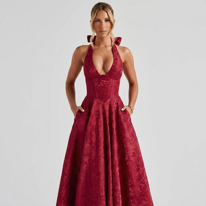 Women's Wedding Guest Halter Midi Dress with A-Line Skirt