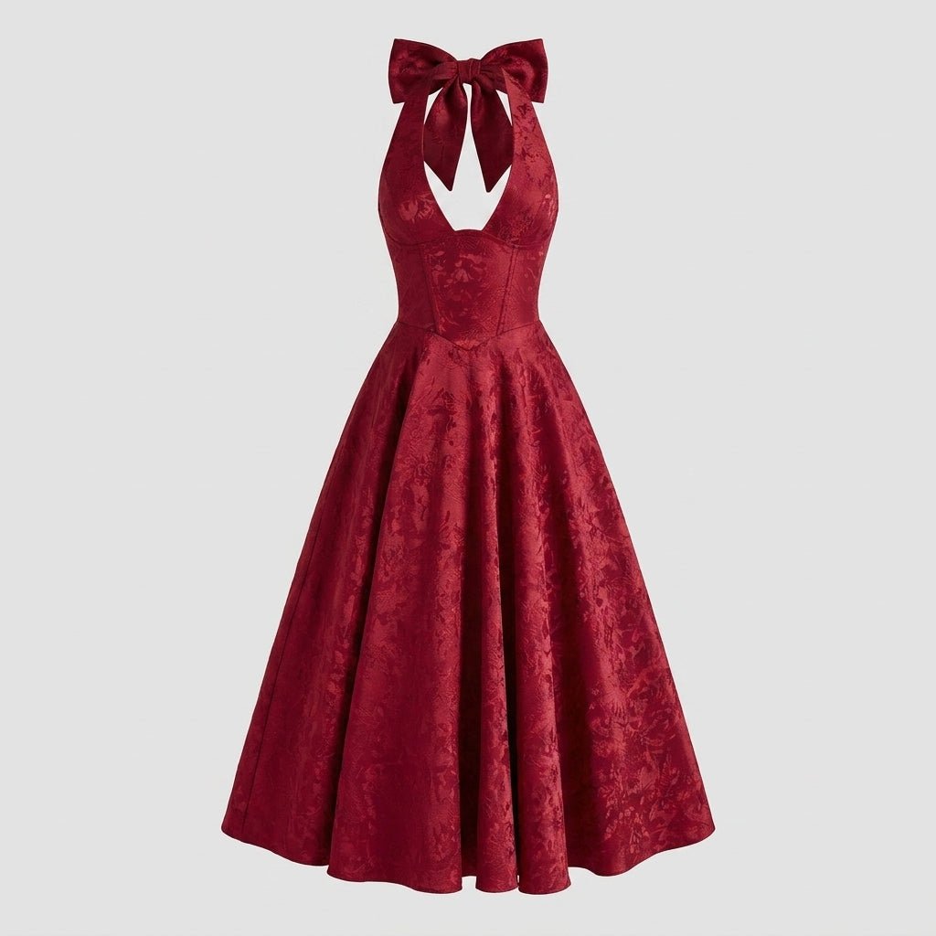 Women's Wedding Guest Halter Midi Dress with A-Line Skirt