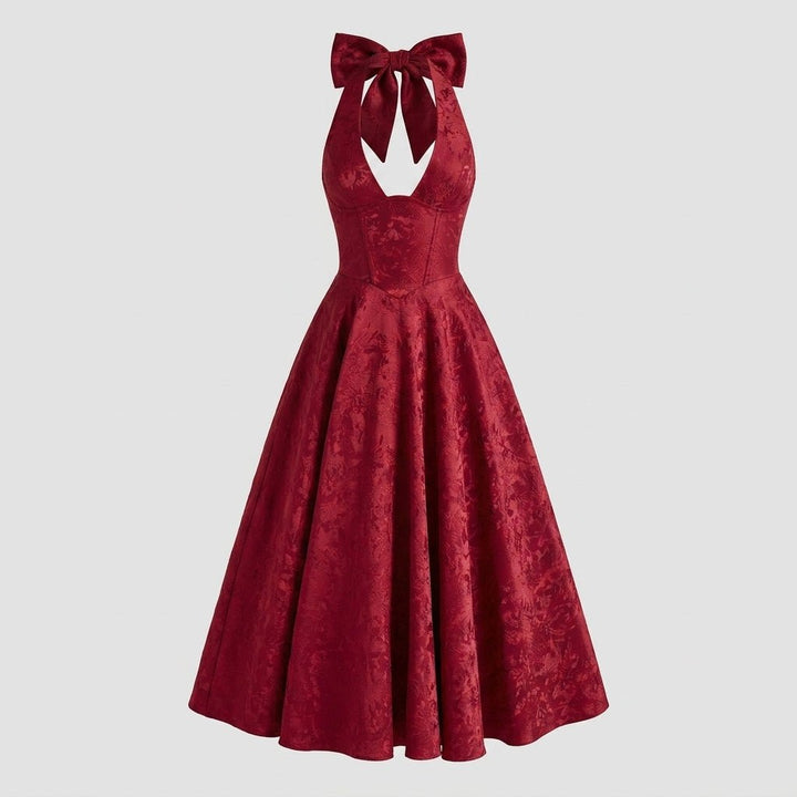 Women's Wedding Guest Halter Midi Dress with A-Line Skirt