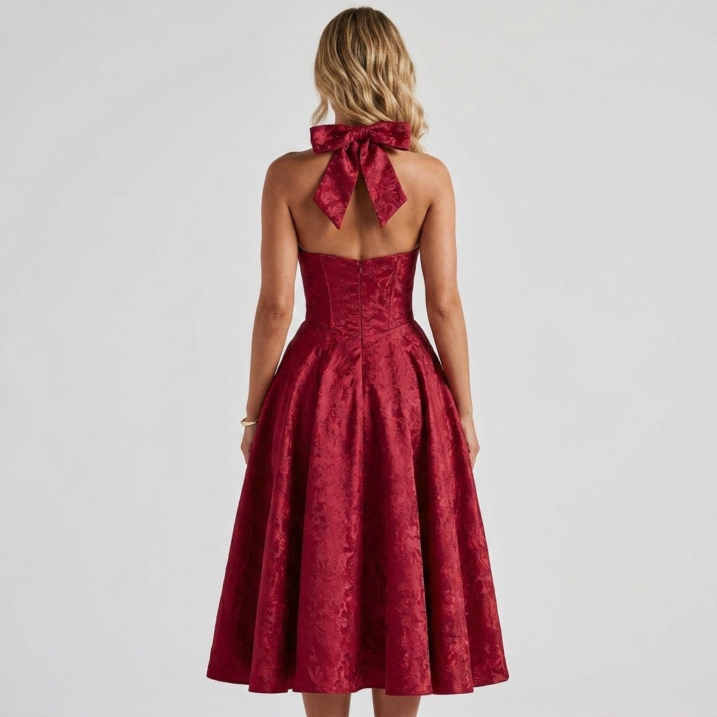 Women's Wedding Guest Halter Midi Dress with A-Line Skirt