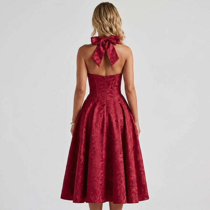 Women's Wedding Guest Halter Midi Dress with A-Line Skirt