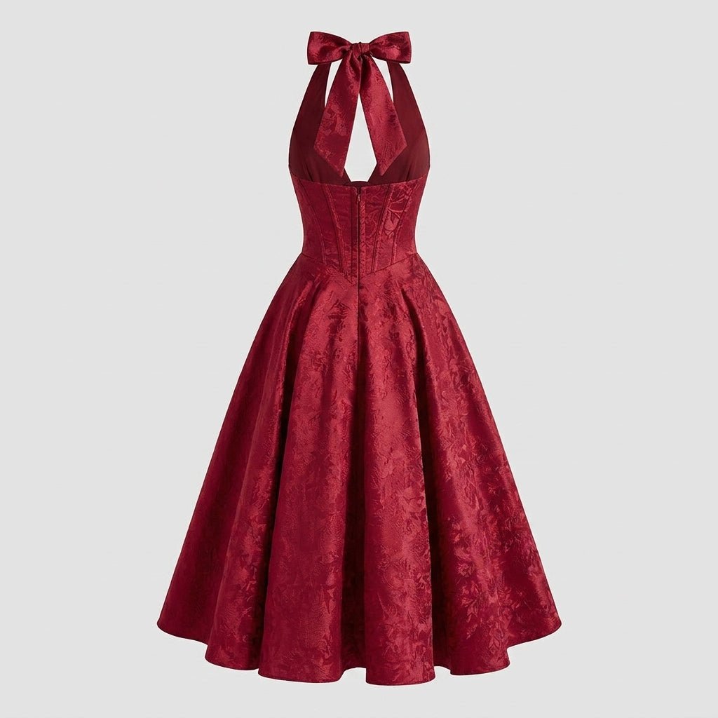 Women's Wedding Guest Halter Midi Dress with A-Line Skirt