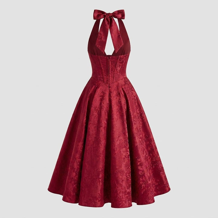 Women's Wedding Guest Halter Midi Dress with A-Line Skirt