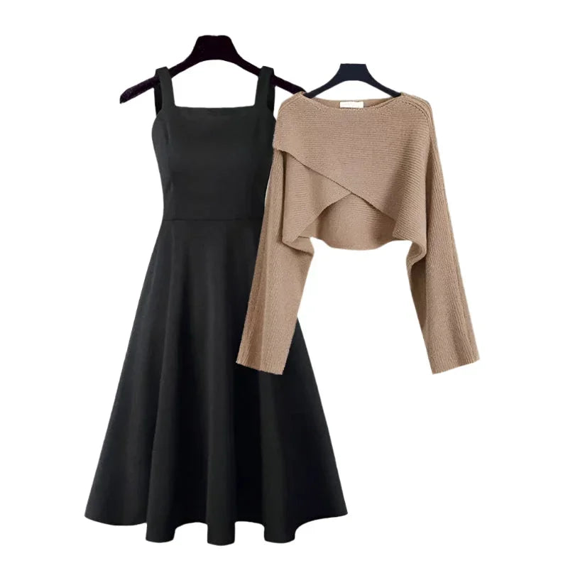 Women's Layered Look Midi Dress with One Shoulder Knit Detail and Sleeveless Dress