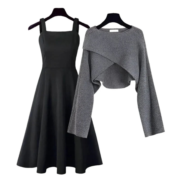 Women's Layered Look Midi Dress with One Shoulder Knit Detail and Sleeveless Dress